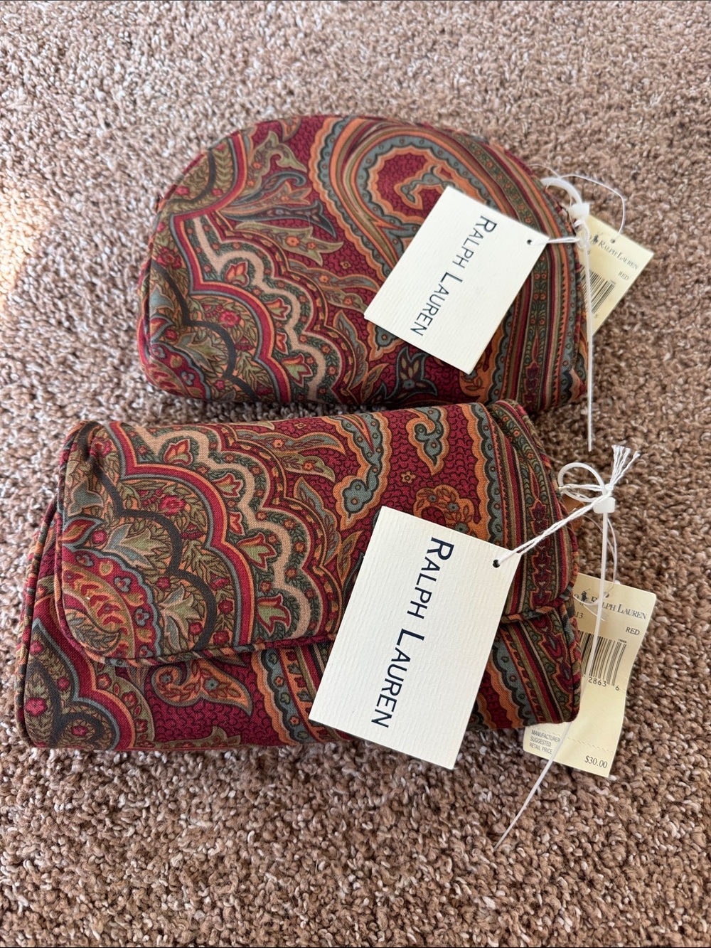 Ralph Lauren Red Paisley Travel Cosmetic Pouches NWT